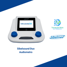 Carica l'immagine nel visualizzatore di Gallery, L'audiometro Sibelsound Duo di Sibelmed è un dispositivo audiometrico portatile con via aerea, ossea e mascheramento dotato di cuffia con doppio jack, archetto per mastoide e tasto di risposta per il paziente.