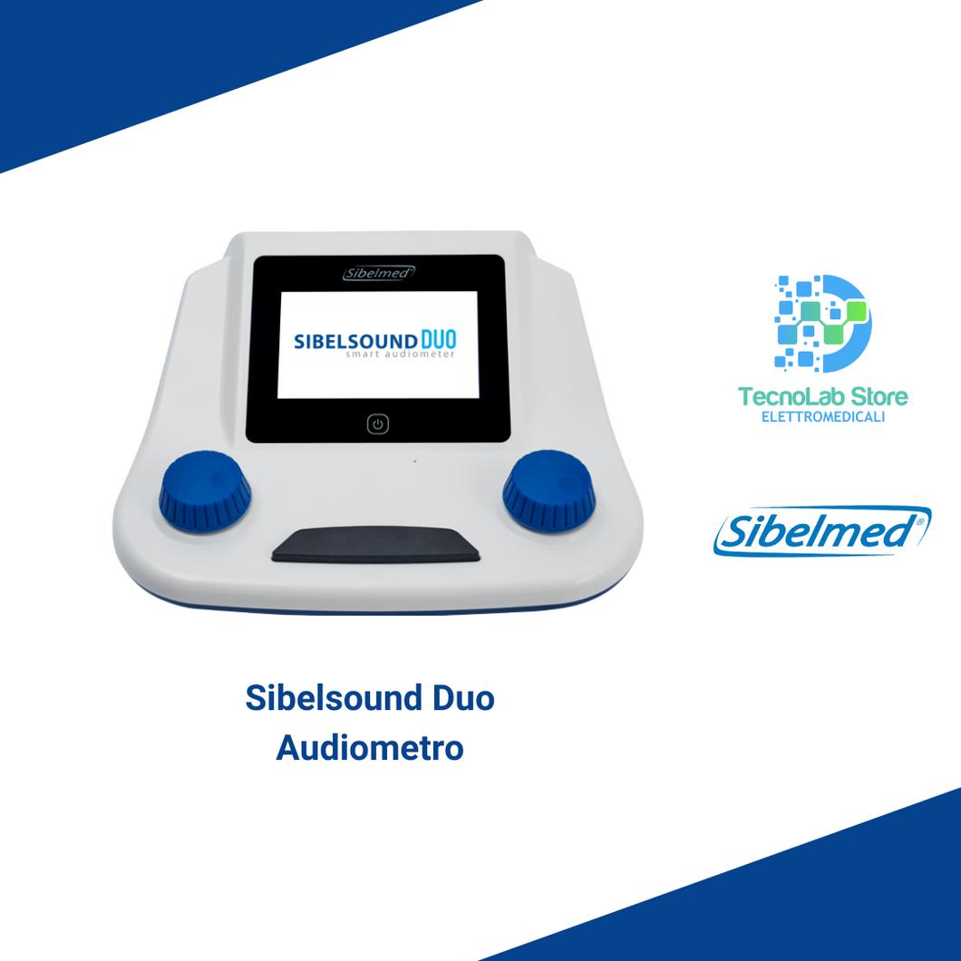 L'audiometro Sibelsound Duo di Sibelmed è un dispositivo audiometrico portatile con via aerea, ossea e mascheramento dotato di cuffia con doppio jack, archetto per mastoide e tasto di risposta per il paziente.