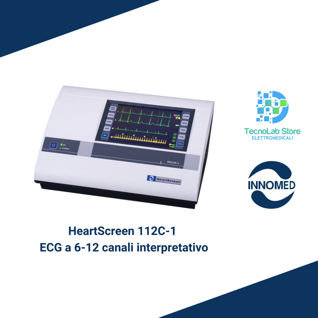 L'elettrocardiografo interpretativo HeartScreen 112 C-1 di Innomed Medical è un ECG a 12 derivazioni con 6 e 12 canali di stampa, touchscreen e tastiera fisica, perfetto per medici e professionisti esigenti che cercano un ECG completo e versatile.